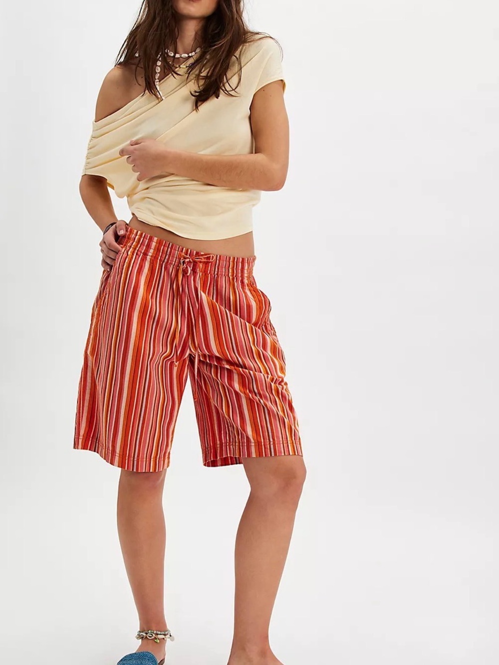 Free People Saylor Poplin Striped Cotton Shorts vibrant red & orange color M